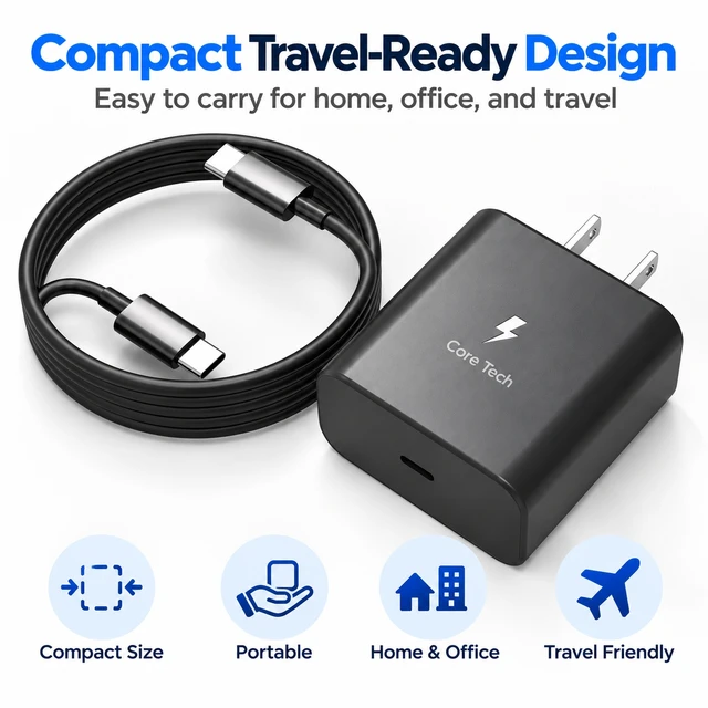 Alt view image 5 of 7 - Core Tech 45W USB-C Fast Wall Charger with 6ft USB-C to USB-C Cable, Power Delivery Adapter for Samsung Galaxy S26/S25/S24/S23 and Galaxy Tab, Black