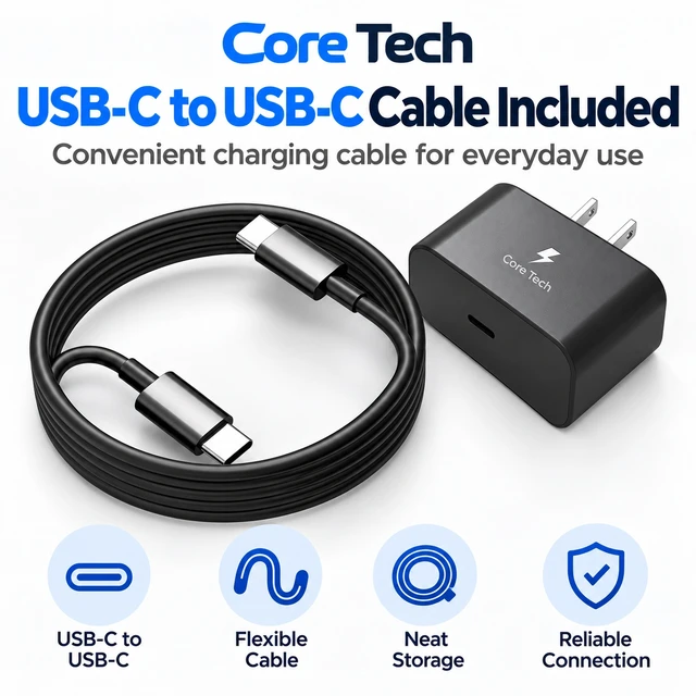 Alt view image 4 of 7 - Core Tech 45W USB-C Fast Wall Charger with 6ft USB-C to USB-C Cable, Power Delivery Adapter for Samsung Galaxy S26/S25/S24/S23 and Galaxy Tab, Black