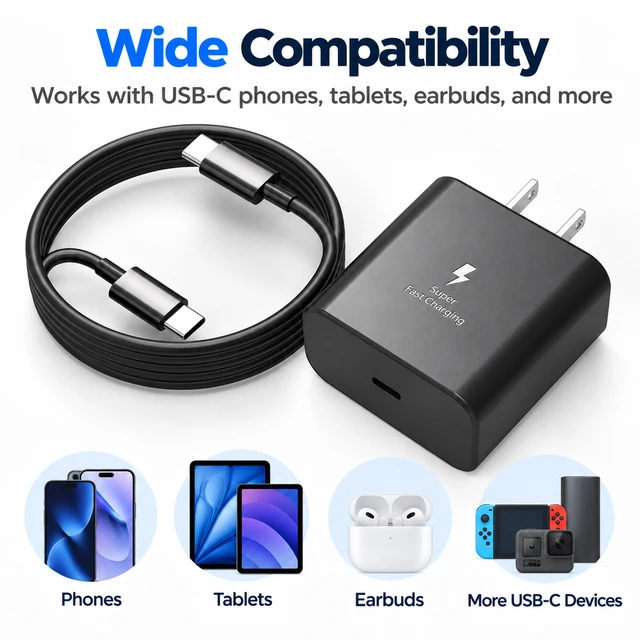 Alt view image 6 of 7 - Core Tech 45W USB-C Fast Wall Charger with 6ft USB-C to USB-C Cable, Power Delivery Adapter for Samsung Galaxy S26/S25/S24/S23 and Galaxy Tab, Black