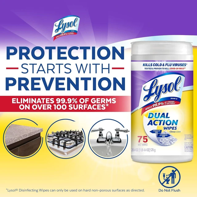 Alt view image 2 of 6 - LYSOL Disinfecting Wipes, Multi-Surface, Dual Action, 75 ct. (4 Pack) | All Purpose Cleaner, Sanitizing, Deodorizing, Apartment Essentials, Back To School Cleaning Supplies, Kitchen & Bathroom Wipe