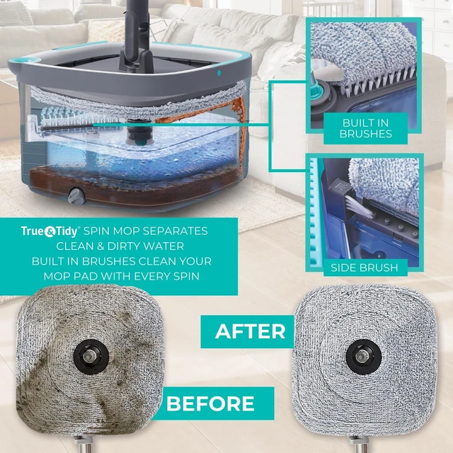 Alt view image 2 of 7 - True & Tidy True Clean Spin Mop & Bucket System Dual Compartment Design for Clean & Dirty Water, 360° Swivel Mop Head, Built-in Scrubbing Brush, Stainless Steel Handle & 2 Reusable Microfiber Pads