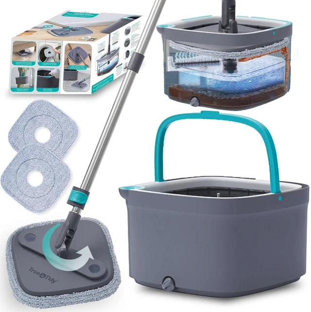 Main image of True & Tidy True Clean Spin Mop & Bucket System Dual Compartment Design for Clean & Dirty Water, 360° Swivel Mop Head, Built-in Scrubbing Brush, Stainless Steel Handle & 2 Reusable Microfiber Pads