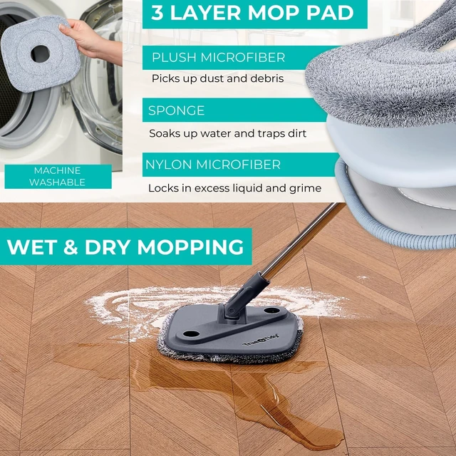 Alt view image 4 of 7 - True & Tidy True Clean Spin Mop & Bucket System Dual Compartment Design for Clean & Dirty Water, 360° Swivel Mop Head, Built-in Scrubbing Brush, Stainless Steel Handle & 2 Reusable Microfiber Pads