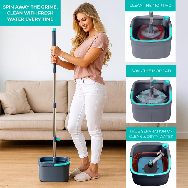 Alt view image 3 of 7 - True & Tidy True Clean Spin Mop & Bucket System Dual Compartment Design for Clean & Dirty Water, 360° Swivel Mop Head, Built-in Scrubbing Brush, Stainless Steel Handle & 2 Reusable Microfiber Pads