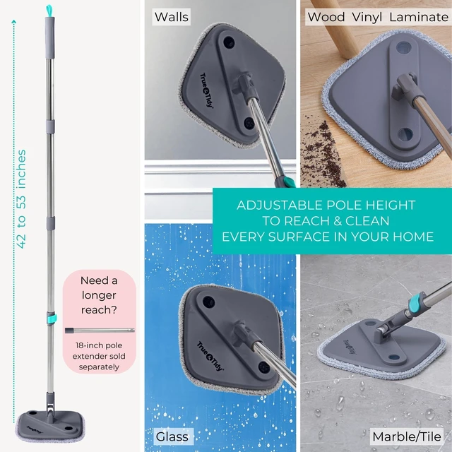 Alt view image 5 of 7 - True & Tidy True Clean Spin Mop & Bucket System Dual Compartment Design for Clean & Dirty Water, 360° Swivel Mop Head, Built-in Scrubbing Brush, Stainless Steel Handle & 2 Reusable Microfiber Pads