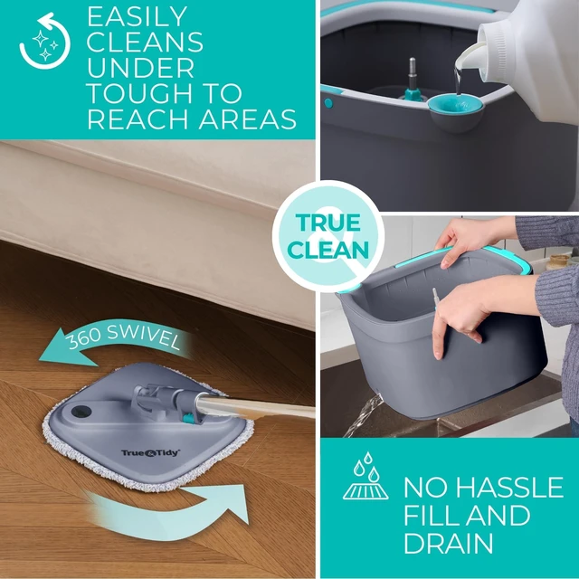 Alt view image 6 of 7 - True & Tidy True Clean Spin Mop & Bucket System Dual Compartment Design for Clean & Dirty Water, 360° Swivel Mop Head, Built-in Scrubbing Brush, Stainless Steel Handle & 2 Reusable Microfiber Pads