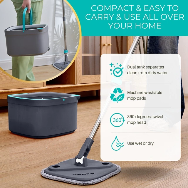 Alt view image 7 of 7 - True & Tidy True Clean Spin Mop & Bucket System Dual Compartment Design for Clean & Dirty Water, 360° Swivel Mop Head, Built-in Scrubbing Brush, Stainless Steel Handle & 2 Reusable Microfiber Pads