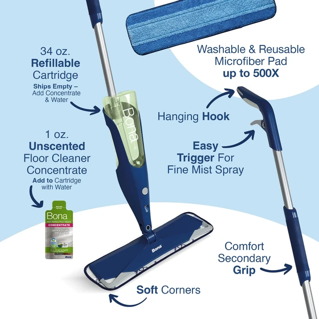 Alt view image 2 of 7 - Bona Multi-Surface Floor Premium Spray Mop - Includes Multi-Surface Floor Cleaner Concentrate and Machine Washable Microfiber Cleaning Pad - For Stone, Tile, Laminate and Vinyl LVT/LVP Floors