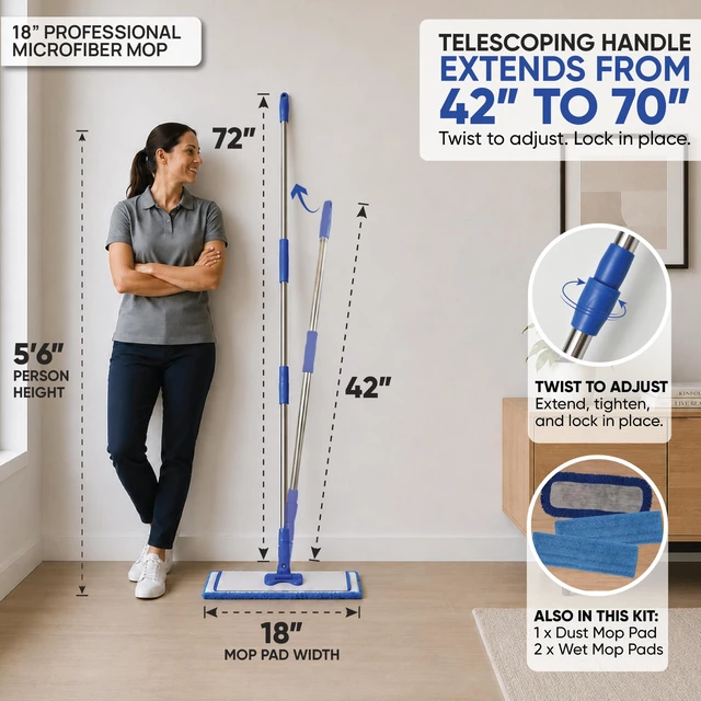 Alt view image 2 of 7 - 18 Pro Microfiber Hardwood Floor Mop - Cleans Floor in Seconds | Dust & Wet Mopping | Hardwood, Tile, Laminate & Vinyl with 3 Washable Pads, No Buckets Needed with Deluxe Household Mop