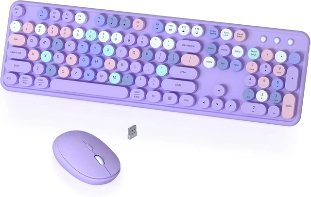 Alt view image 7 of 12 - Colorful Wireless Keyboard and Mouse Combo, COVEVA 2.4GHz Wireless Retro Cute Round Keycaps Keyboard, 104 Keys Full-Sized Keyboard Mouse Set with Switch Button for PC Laptop Desktop (Purple Colorful)