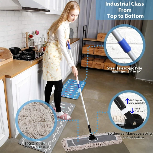Alt view image 9 of 14 - 24" Industrial Cotton Floor Dust Mop with adjustable Steel Handle - Commercial Mops for Hardwood, Tiles, Laminate, Vinyl, Garage epoxy, Bamboo surface cleaning and Flooring Push Dust Broom