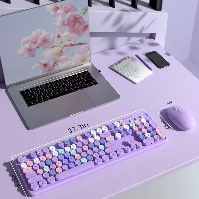 Alt view image 12 of 12 - Colorful Wireless Keyboard and Mouse Combo, COVEVA 2.4GHz Wireless Retro Cute Round Keycaps Keyboard, 104 Keys Full-Sized Keyboard Mouse Set with Switch Button for PC Laptop Desktop (Purple Colorful)