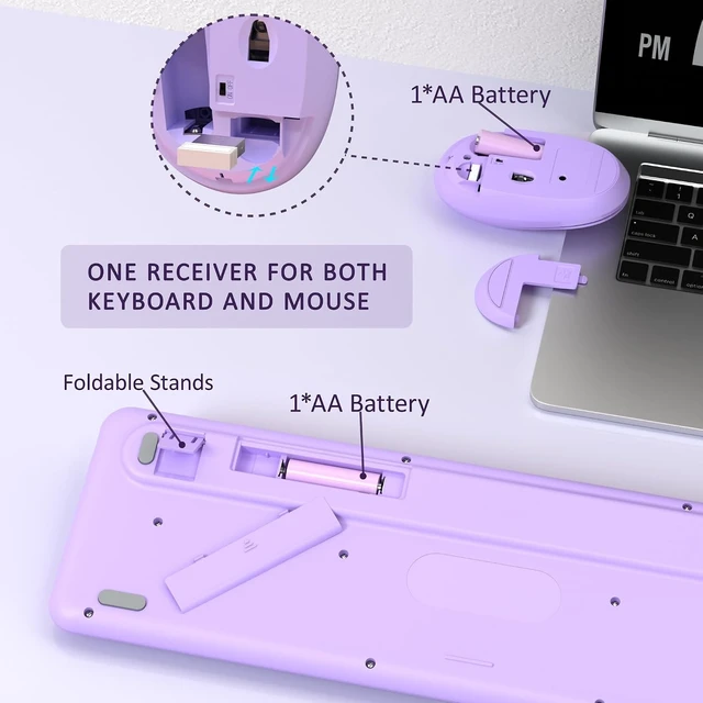 Alt view image 11 of 12 - Colorful Wireless Keyboard and Mouse Combo, COVEVA 2.4GHz Wireless Retro Cute Round Keycaps Keyboard, 104 Keys Full-Sized Keyboard Mouse Set with Switch Button for PC Laptop Desktop (Purple Colorful)