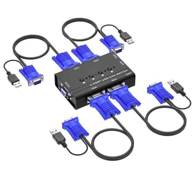 Alt view image 8 of 14 - VGA KVM Switch, Yinker 4 Port USB VGA KVM Switch w/4 KVM Cables & 3 USB Hubs for 4 Computers Share One Monitor Keyboard Mouse