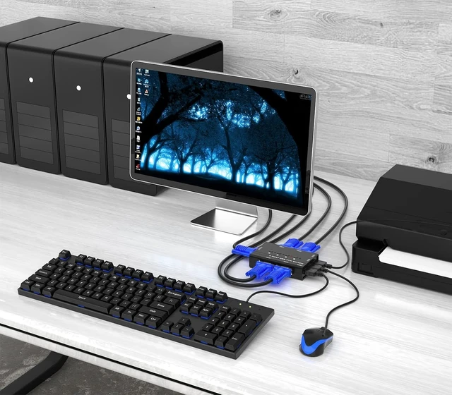 Alt view image 9 of 14 - VGA KVM Switch, Yinker 4 Port USB VGA KVM Switch w/4 KVM Cables & 3 USB Hubs for 4 Computers Share One Monitor Keyboard Mouse