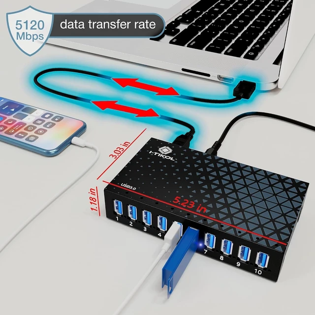 Alt view image 10 of 14 - 10 Ports USB Hub 3.0 Powered Aluminium - USB Hub Charger - Multiple Port - USB Splitter Hub with Power Adapter 12V/5A/60W - for Laptop, PC,Flash Drives, HDD,Hard Drive,Mouse,XPS,Xbox,Keyboard
