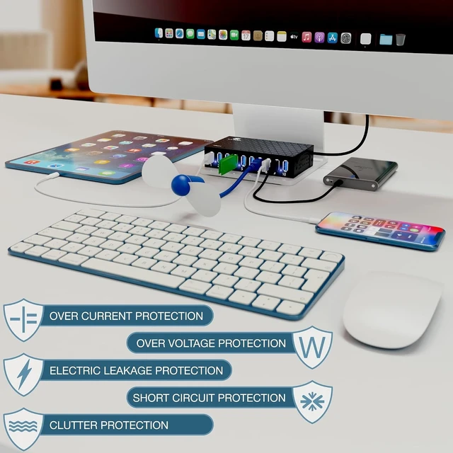 Alt view image 12 of 14 - 10 Ports USB Hub 3.0 Powered Aluminium - USB Hub Charger - Multiple Port - USB Splitter Hub with Power Adapter 12V/5A/60W - for Laptop, PC,Flash Drives, HDD,Hard Drive,Mouse,XPS,Xbox,Keyboard