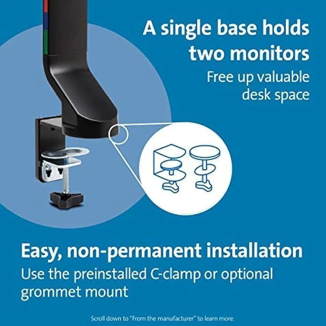 Alt view image 10 of 12 - Kensington Dual Monitor Mount for Desk, C-clamp Vesa Monitor Stand Fits 2 Ultrawide Monitors Up to 32 Inches, Low Profile Monitor Stand, Height Adjustable Rotating Free Standing Monitor Arm, Black