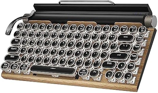 Alt view image 7 of 12 - Retro Typewriter Keyboard Wireless, Mechanical Gaming Vintage Keyboard 83-Key Blue Switches Punk Round Keycap, 14 Modes LED Backlight, Type-C, Bluetooth 5.0Compatible with PC/Laptop/Pad/Phone, Wooden
