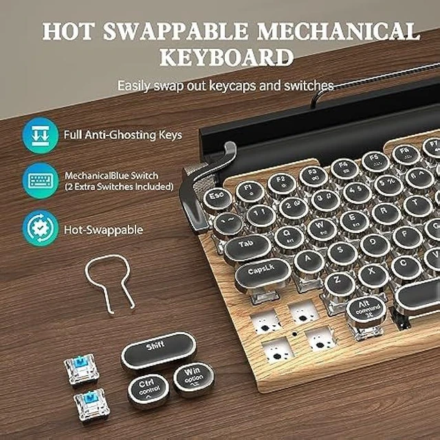 Alt view image 9 of 12 - Retro Typewriter Keyboard Wireless, Mechanical Gaming Vintage Keyboard 83-Key Blue Switches Punk Round Keycap, 14 Modes LED Backlight, Type-C, Bluetooth 5.0Compatible with PC/Laptop/Pad/Phone, Wooden