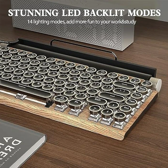 Alt view image 11 of 12 - Retro Typewriter Keyboard Wireless, Mechanical Gaming Vintage Keyboard 83-Key Blue Switches Punk Round Keycap, 14 Modes LED Backlight, Type-C, Bluetooth 5.0Compatible with PC/Laptop/Pad/Phone, Wooden