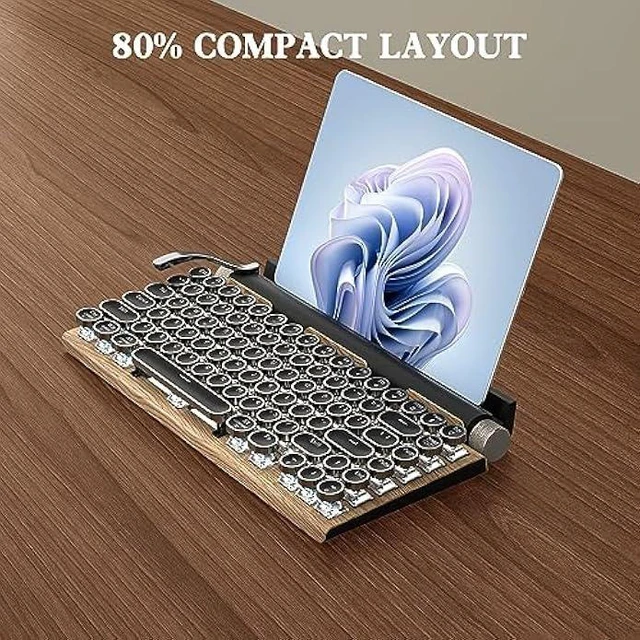Alt view image 12 of 12 - Retro Typewriter Keyboard Wireless, Mechanical Gaming Vintage Keyboard 83-Key Blue Switches Punk Round Keycap, 14 Modes LED Backlight, Type-C, Bluetooth 5.0Compatible with PC/Laptop/Pad/Phone, Wooden