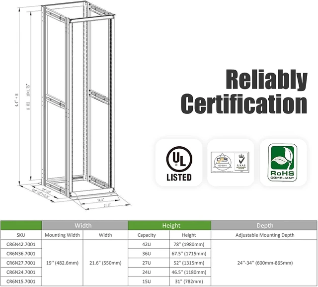 Alt view image 9 of 12 - Raising Electronics Server Rack 4 Post Open Rack Frame Rack Enclosure 19 Inch Adjustable Depth Aluminum (27U,56Inch Height)
