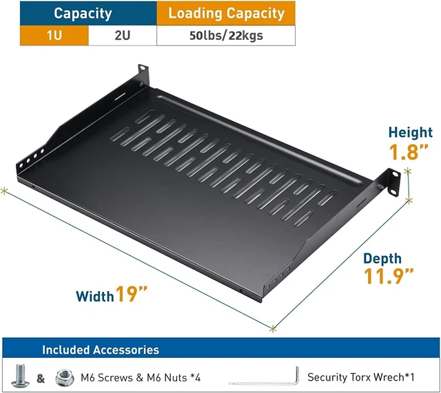 Alt view image 7 of 10 - Rack Shelf 1U Vented Server Rack Mount Cantilever Tray, 50 lbs, 12 inches Deep, Black