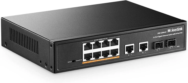 Alt view image 8 of 14 - MokerLink 12 Port Gigabit PoE Switch, 8 PoE+, 2 Uplink, 2 SFP, 120W 802.3af/at PoE, Fanless Plug & Play Ethernet Switch