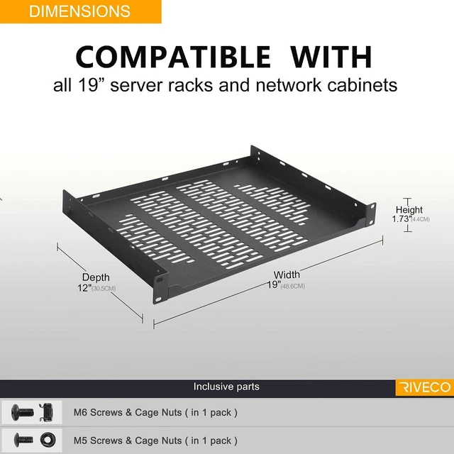 Alt view image 10 of 12 - RIVECO 2 PCS 12 Rack Shelves for 19 inches Network Rack & Cabinets, 1U Rack Mount Shelf Vented Cantilever Tray, for Server, IT & Sound Equipment