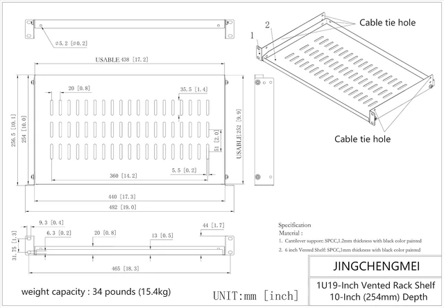 Alt view image 9 of 14 - Jingchengmei 2 Pack of 1U Disassembled Vented Cantilever Server Rack Mount Shelf 10" (254mm) Deep for 19" Network Cabinet or Equipment Rack (10V2PC)