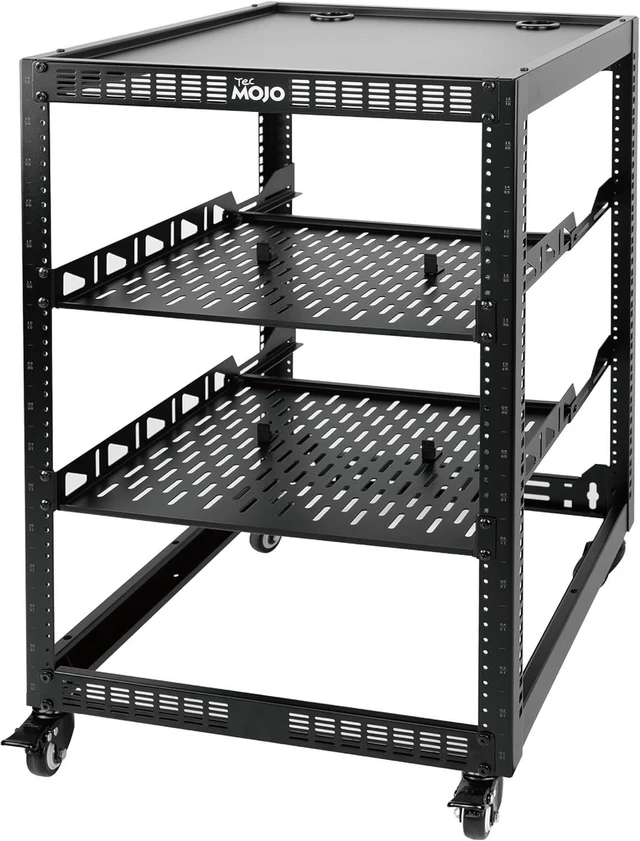 Alt view image 7 of 12 - 16U Open Frame Network Rack for Servers&AV Gear, Server Rack 4-Post with casters, Mobile Server Rack with 2 PCS 1U Server Rack Shelf & Mounting Hardware, AV Rack for 19" Network/Servers/Audio