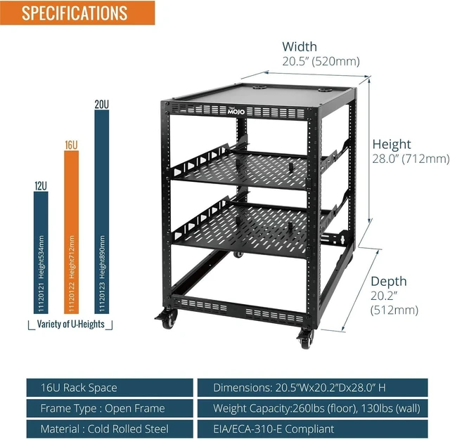 Alt view image 8 of 12 - 16U Open Frame Network Rack for Servers&AV Gear, Server Rack 4-Post with casters, Mobile Server Rack with 2 PCS 1U Server Rack Shelf & Mounting Hardware, AV Rack for 19" Network/Servers/Audio