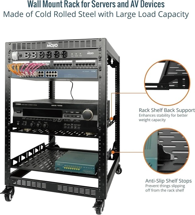 Alt view image 9 of 12 - 16U Open Frame Network Rack for Servers&AV Gear, Server Rack 4-Post with casters, Mobile Server Rack with 2 PCS 1U Server Rack Shelf & Mounting Hardware, AV Rack for 19" Network/Servers/Audio