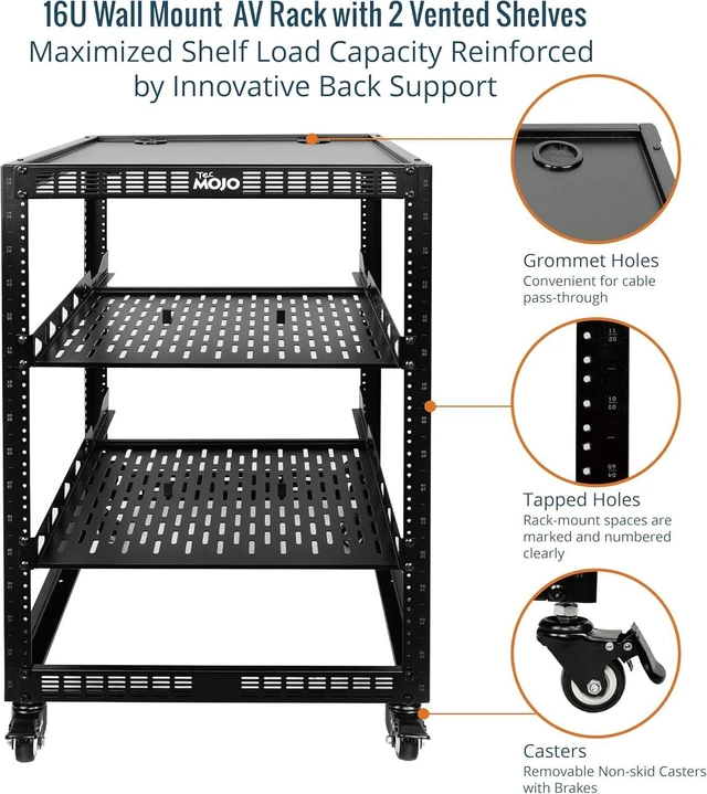 Alt view image 10 of 12 - 16U Open Frame Network Rack for Servers&AV Gear, Server Rack 4-Post with casters, Mobile Server Rack with 2 PCS 1U Server Rack Shelf & Mounting Hardware, AV Rack for 19" Network/Servers/Audio