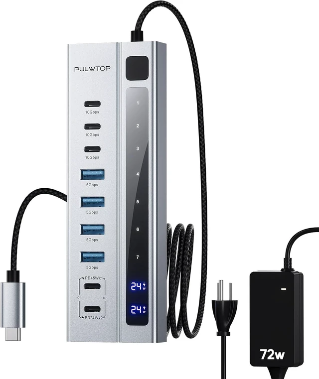 Alt view image 7 of 12 - Powered USB C Hub, USB Hub Powered Support 10Gbps Data PD 45W Charging(Not Support Video) 3ft, 3 USB-C 10Gbps Ports, 4 USB 3.0 5Gbps Ports with 75W Adapter for iMac, MacBook Pro/Air, iPad