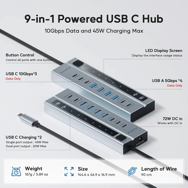 Alt view image 8 of 12 - Powered USB C Hub, USB Hub Powered Support 10Gbps Data PD 45W Charging(Not Support Video) 3ft, 3 USB-C 10Gbps Ports, 4 USB 3.0 5Gbps Ports with 75W Adapter for iMac, MacBook Pro/Air, iPad