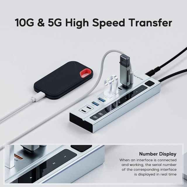 Alt view image 9 of 12 - Powered USB C Hub, USB Hub Powered Support 10Gbps Data PD 45W Charging(Not Support Video) 3ft, 3 USB-C 10Gbps Ports, 4 USB 3.0 5Gbps Ports with 75W Adapter for iMac, MacBook Pro/Air, iPad