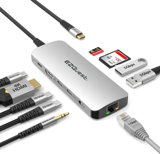 Alt view image 8 of 14 - EZQuest USB C Hub Docking Station 10 in 1 with 4K HDMI 60Hz, 1 Gbs Ethernet, 2 USB C Gen 2 10Gbs Ports, 1 USB C PD 3.0 Port, 2 USB A 3.0 Ports, Audio Port, SD/Micro SD, Compatible with USB-C Computers