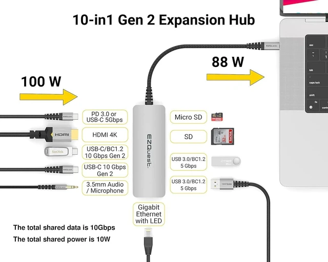 Alt view image 11 of 14 - EZQuest USB C Hub Docking Station 10 in 1 with 4K HDMI 60Hz, 1 Gbs Ethernet, 2 USB C Gen 2 10Gbs Ports, 1 USB C PD 3.0 Port, 2 USB A 3.0 Ports, Audio Port, SD/Micro SD, Compatible with USB-C Computers