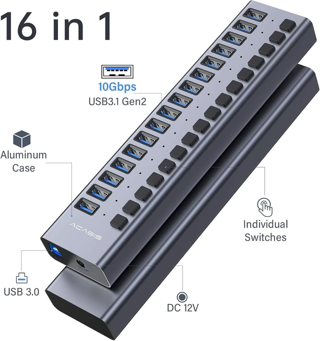 Alt view image 9 of 14 - Powered USB 3.1 Hub, ACASIS 16 Ports USB 3.1 Hub with 10Gbps Data SpeedAluminum Housing, USB Hub Powered with 90W Power Adapter, USB Hub for PC/Laptop, Computer, Flash Drive, Printer, Camera