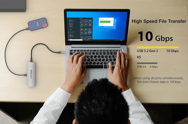 Alt view image 14 of 14 - EZQuest USB C Hub Docking Station 10 in 1 with 4K HDMI 60Hz, 1 Gbs Ethernet, 2 USB C Gen 2 10Gbs Ports, 1 USB C PD 3.0 Port, 2 USB A 3.0 Ports, Audio Port, SD/Micro SD, Compatible with USB-C Computers
