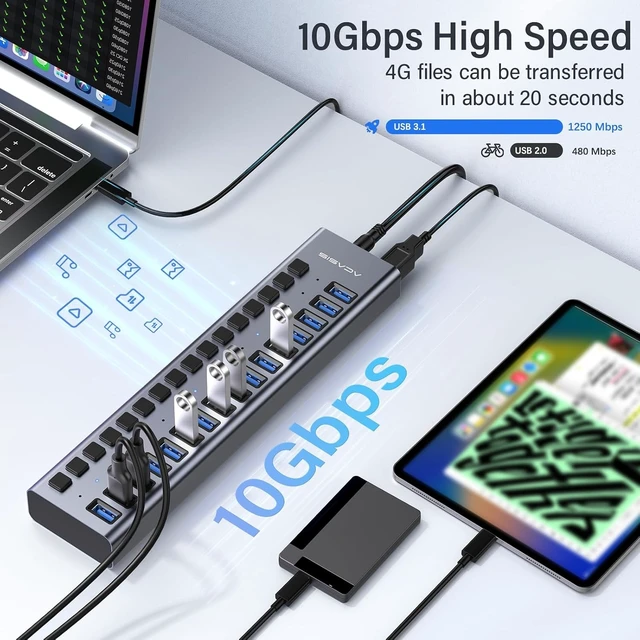 Alt view image 11 of 14 - Powered USB 3.1 Hub, ACASIS 16 Ports USB 3.1 Hub with 10Gbps Data SpeedAluminum Housing, USB Hub Powered with 90W Power Adapter, USB Hub for PC/Laptop, Computer, Flash Drive, Printer, Camera