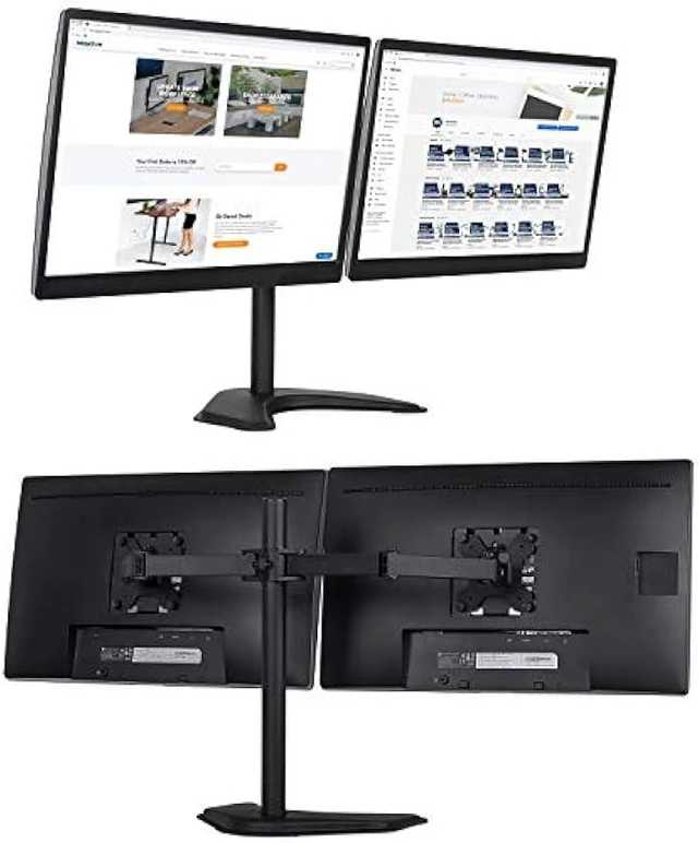 Alt view image 8 of 12 - Mount-It! Dual Monitor Stand | 2 Monitor Mount Fits 19 20 21.5 24 27 29 32 Inch Computer Screens | Free Standing and Grommet Bases | Two Heavy Duty Tilt Swivel Height Adjustable Arms | VESA Compatible