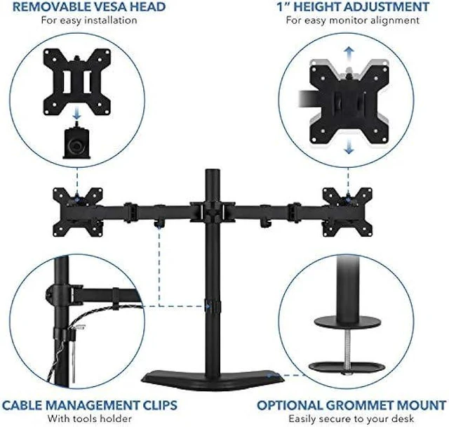 Alt view image 9 of 12 - Mount-It! Dual Monitor Stand | 2 Monitor Mount Fits 19 20 21.5 24 27 29 32 Inch Computer Screens | Free Standing and Grommet Bases | Two Heavy Duty Tilt Swivel Height Adjustable Arms | VESA Compatible