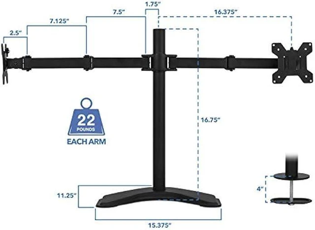 Alt view image 10 of 12 - Mount-It! Dual Monitor Stand | 2 Monitor Mount Fits 19 20 21.5 24 27 29 32 Inch Computer Screens | Free Standing and Grommet Bases | Two Heavy Duty Tilt Swivel Height Adjustable Arms | VESA Compatible