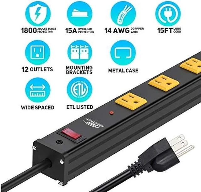 Alt view image 9 of 14 - CRST Heavy Duty Surge Protector Power Strip Wide Spaced 12-Outlet 15 Feet Long Extension Cord with Mounting Brackets 15A Circuit Breaker 1800 Joules