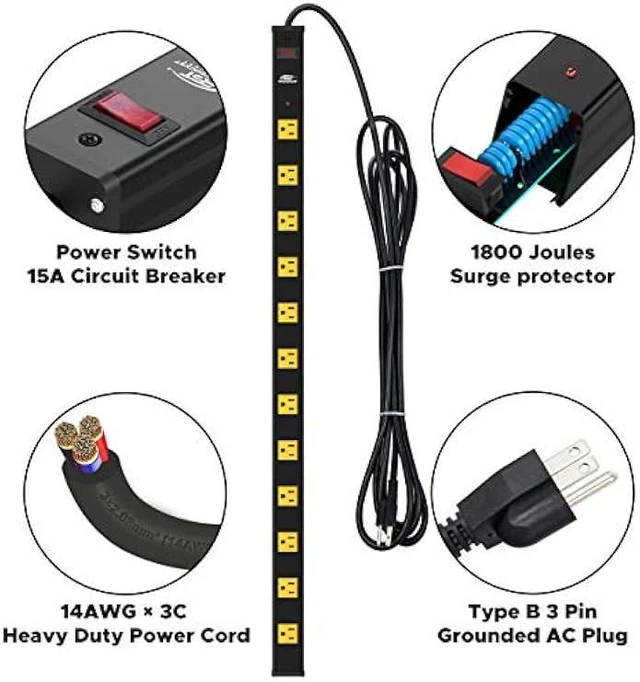 Alt view image 11 of 14 - CRST Heavy Duty Surge Protector Power Strip Wide Spaced 12-Outlet 15 Feet Long Extension Cord with Mounting Brackets 15A Circuit Breaker 1800 Joules