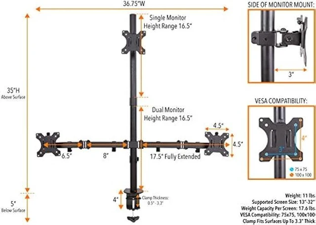 Alt view image 12 of 12 - Stand Steady 3 Monitor Mount Desk Stand | Clamp-On Height Adjustable Triple Monitor Stand | Full Articulation VESA Mount Fits Most LCD/LED Monitors 13-32 Inches | Easy Set-Up Three Monitor Arm