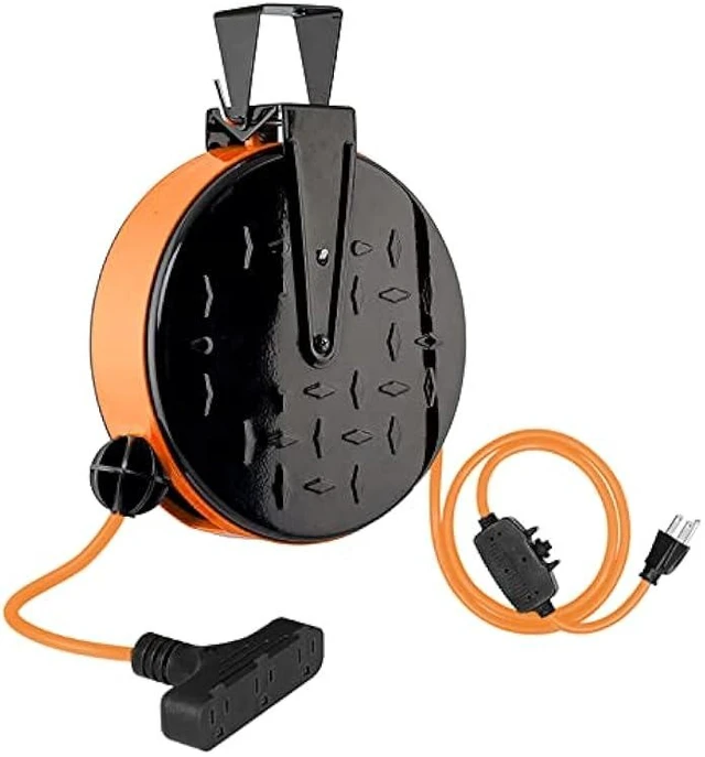 Alt view image 7 of 12 - EP 30 Ft Retractable Extension Cord Reel, 16/3 SJTW Power Cord with 3 Electrical Outlets, Ceiling or Wall Mount, 10 Amp Circuit Breaker, Metal Plate, UL Listed, Orange
